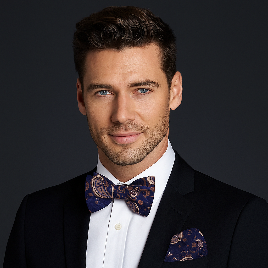 Man wearing a black suit with a patterned bow tie and pocket square on a dark background