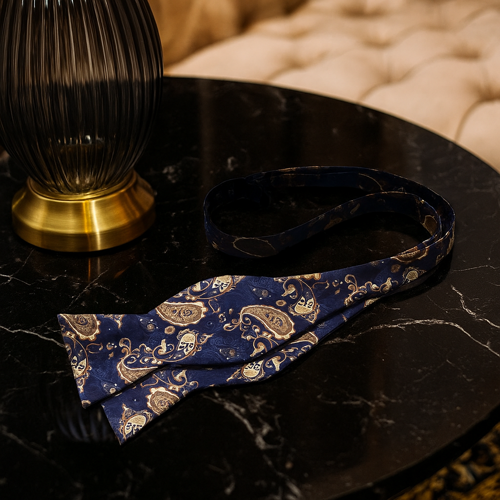 A Brown, Dark Blue Paisley Pattern Self Tie Bow Tie on a dark marble surface with a gold base object.