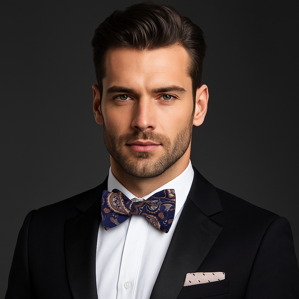 Man wearing a black suit with a white shirt and patterned bow tie on a dark background