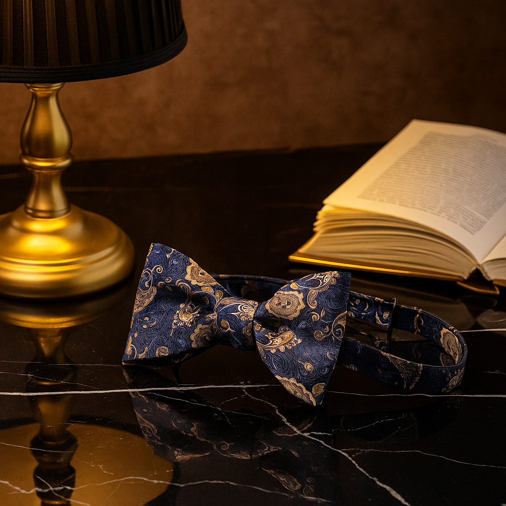A blue brown paisley pre tied bow tie on a black marble surface