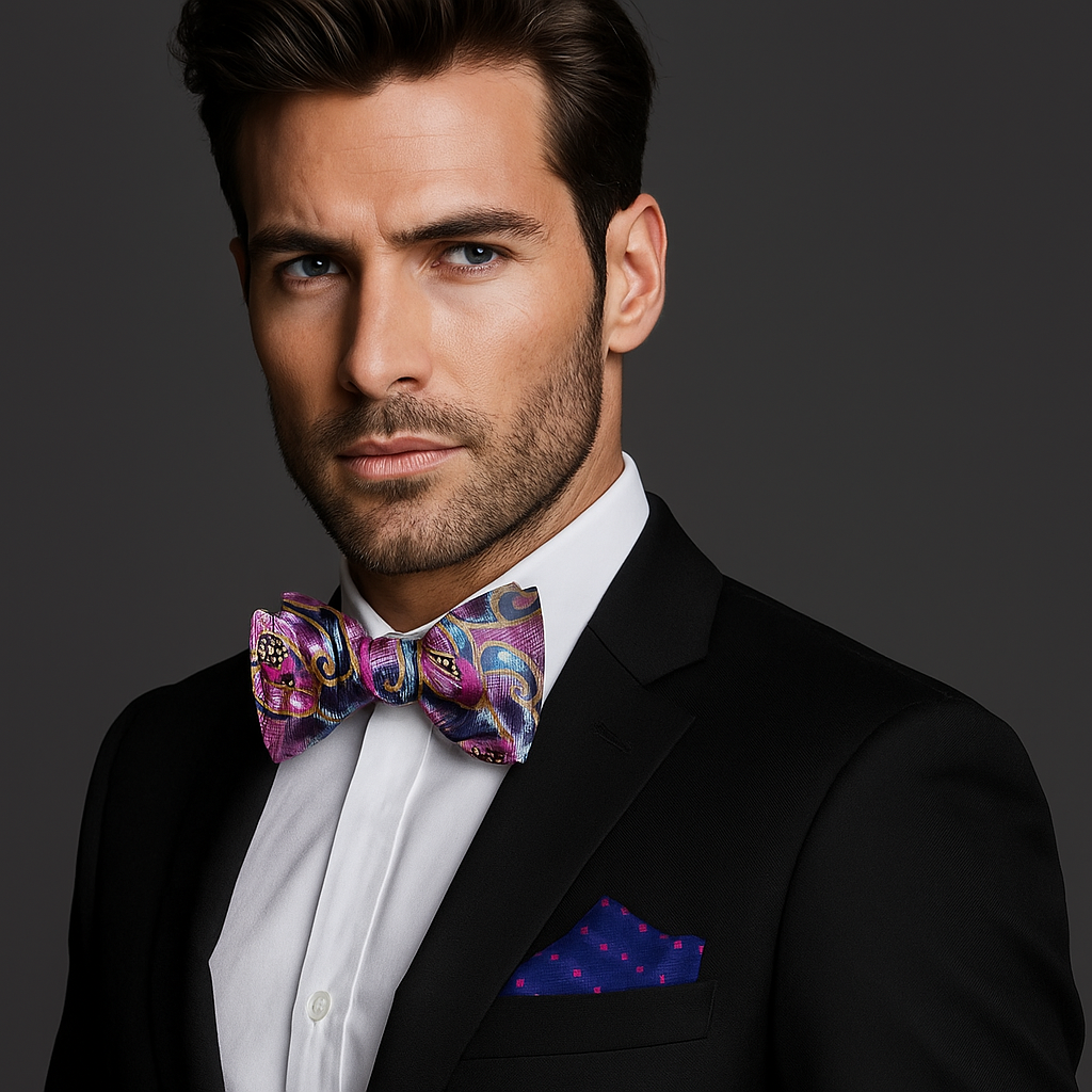 Man wearing a black suit with a colorful pink, blue paisley bow tie and accenting blue and pink pocket square on a dark background