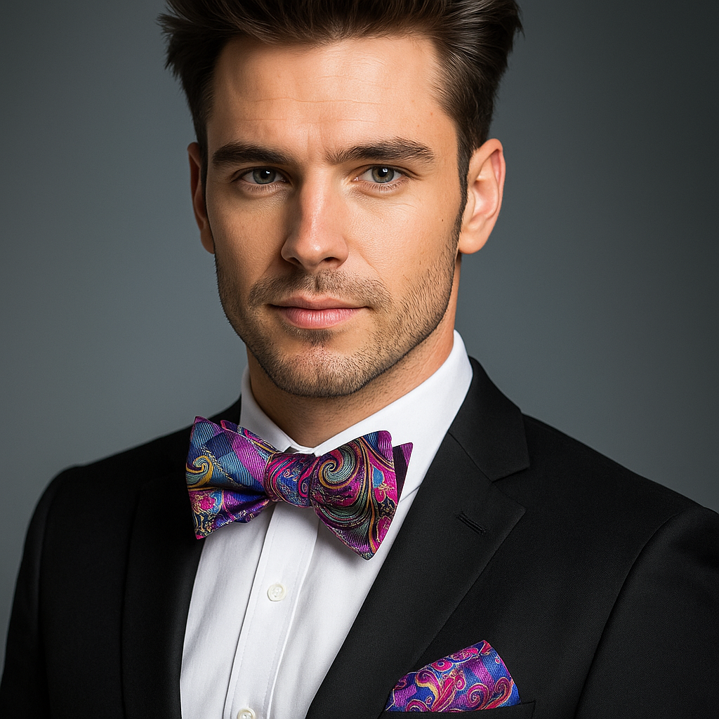 Man wearing a black suit with a colorful pink, blue and yellow paisley bow tie and pocket square on a gray background