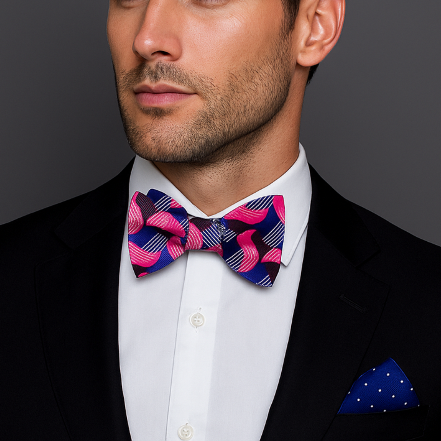 Man wearing a black suit with a colorful blue and pink waves bow tie and accenting blue and white dot square and white shirt against a gray background