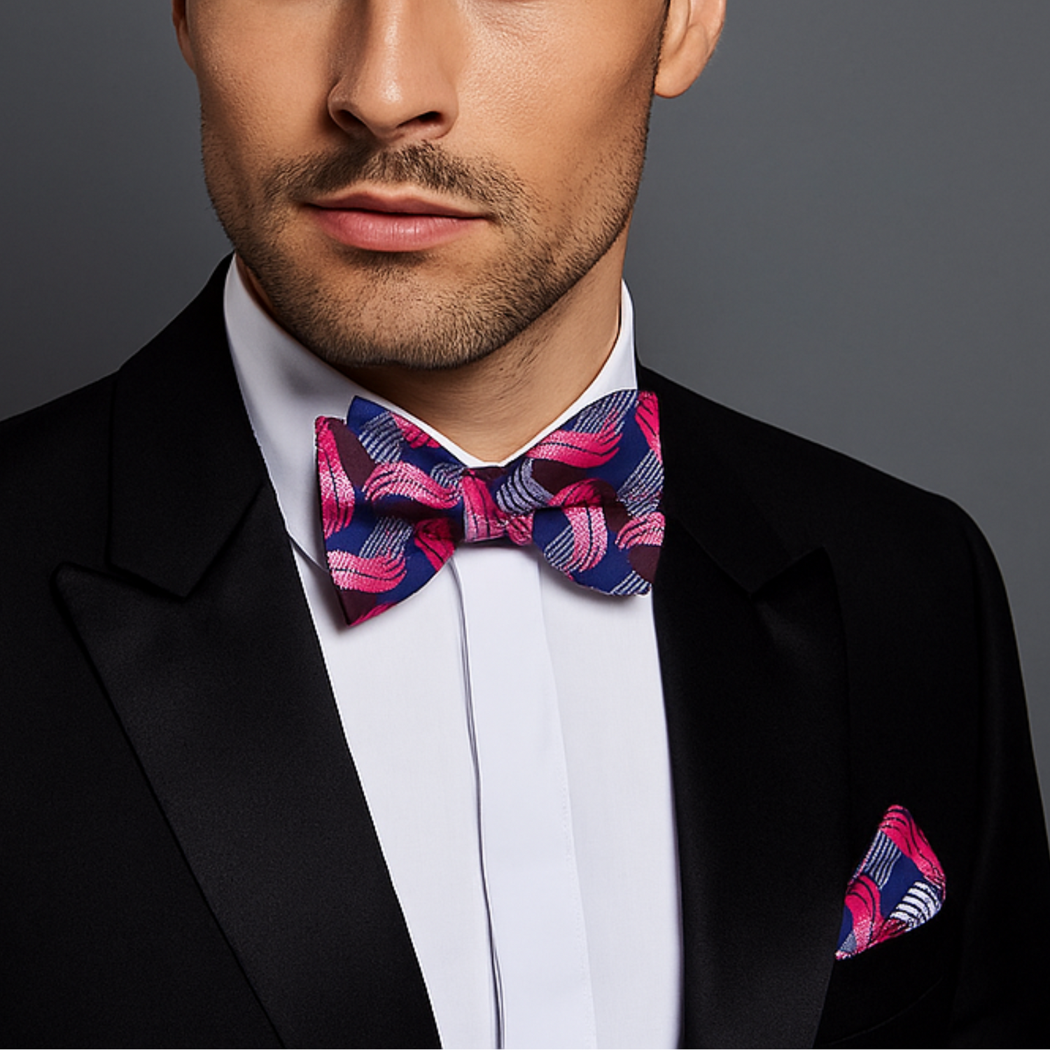Man wearing a black suit with a colorful blue and pink waves bow tie and pocket square on a gray background