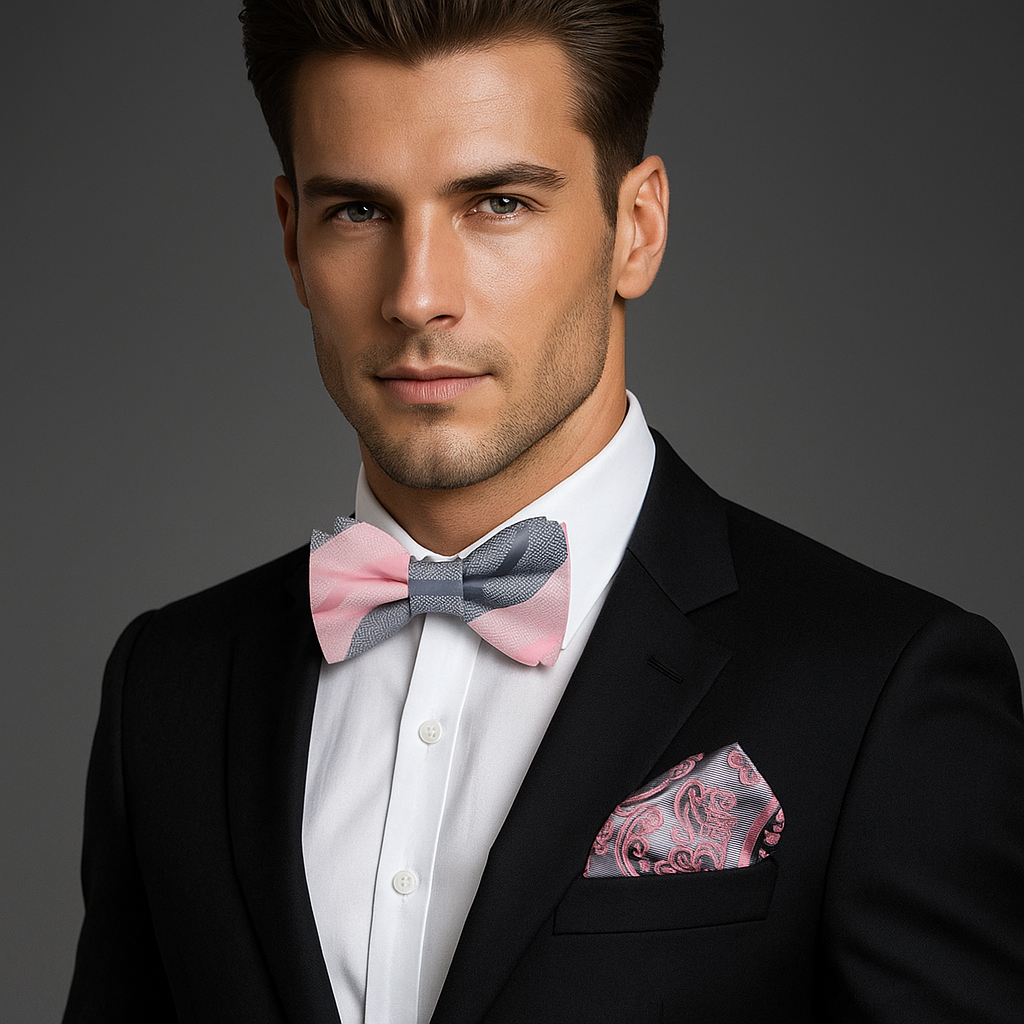 Man wearing a black suit with a pink bow tie and pocket square on a gray background