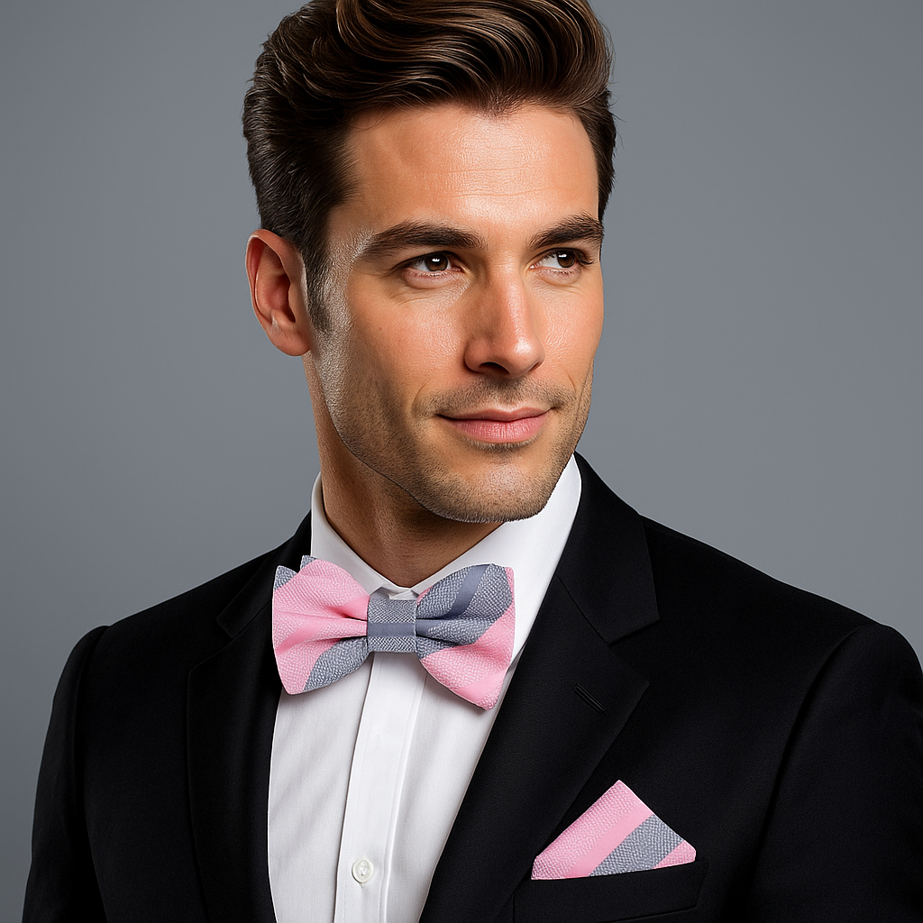 Man wearing a black suit with a pink and gray bow tie and matching pocket square on a gray background