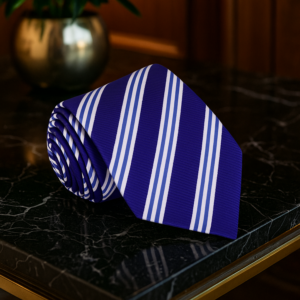 Blue and white striped tie on a dark surface