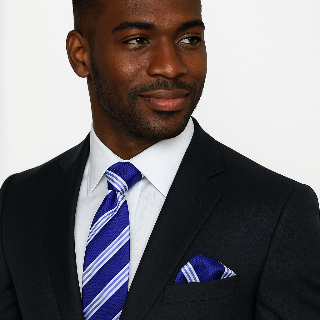 Man wearing a black suit with a blue striped tie and pocket square on a white background