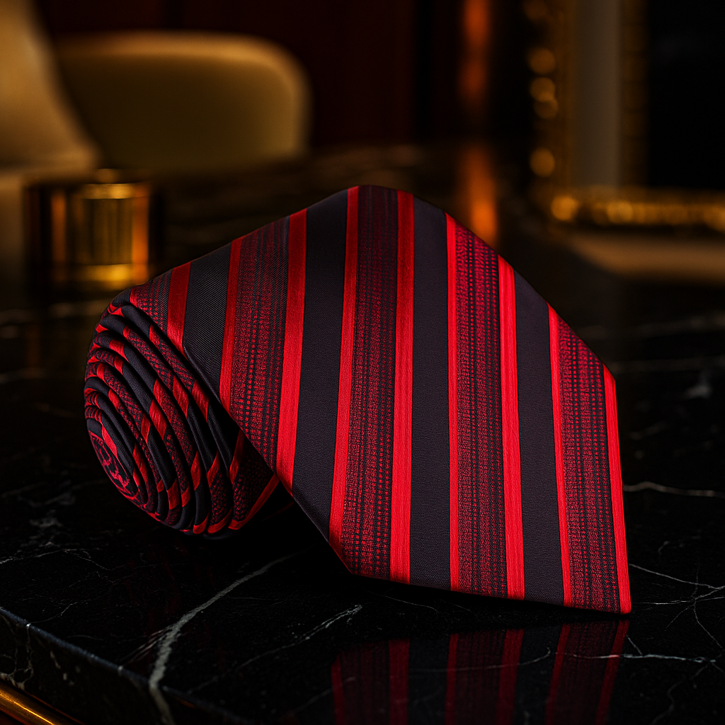 Red and black striped tie on a dark surface with blurred background