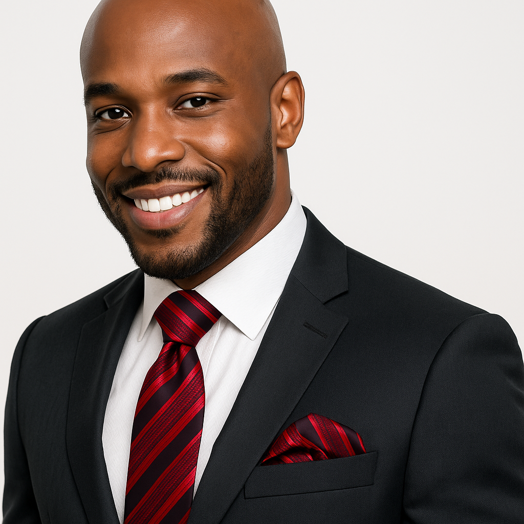 Man wearing a black suit with a red striped tie and pocket square on a white background