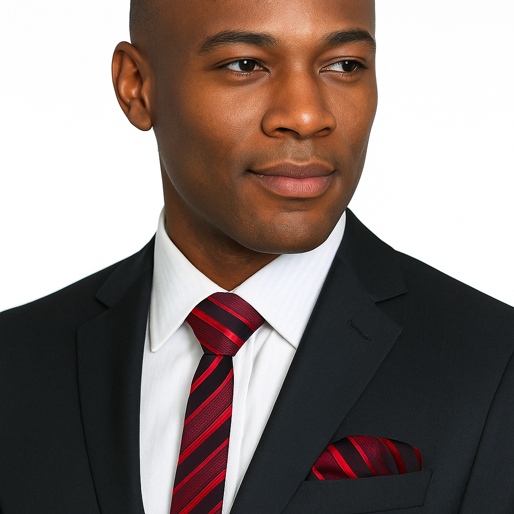 Man wearing a black suit with a red striped thin tie and pocket square on a white background
