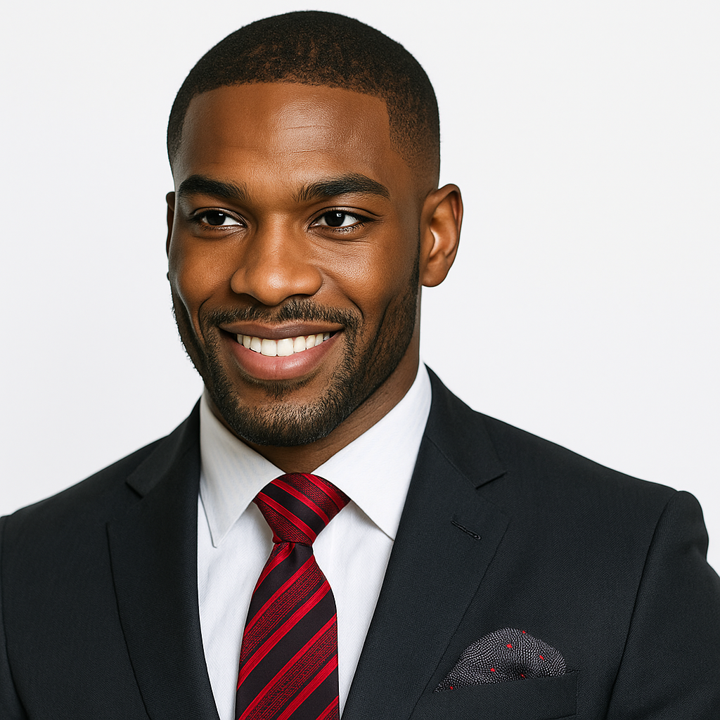 Man wearing a black suit with a red and black striped tie on a white background