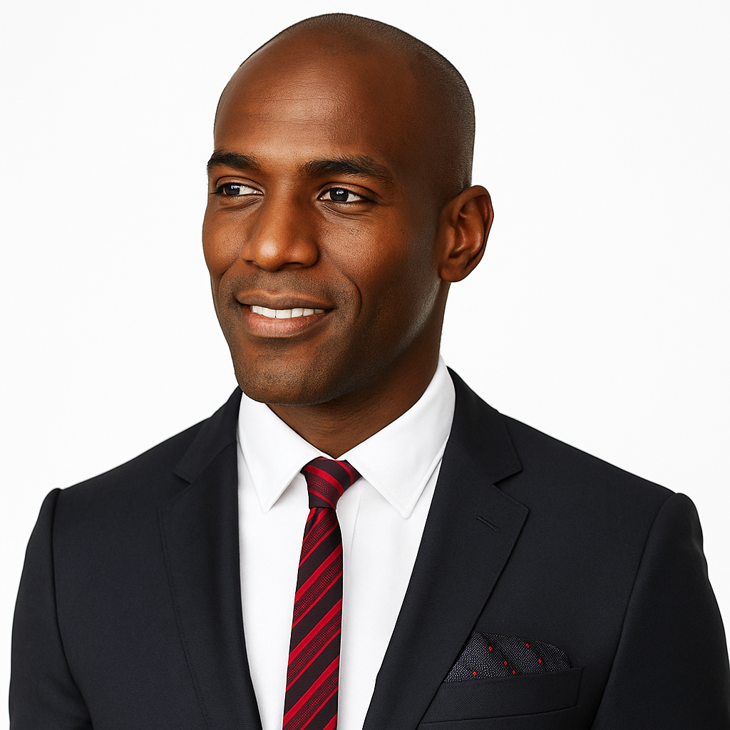 Man wearing a black suit with a red striped tie and accenting square on a white background