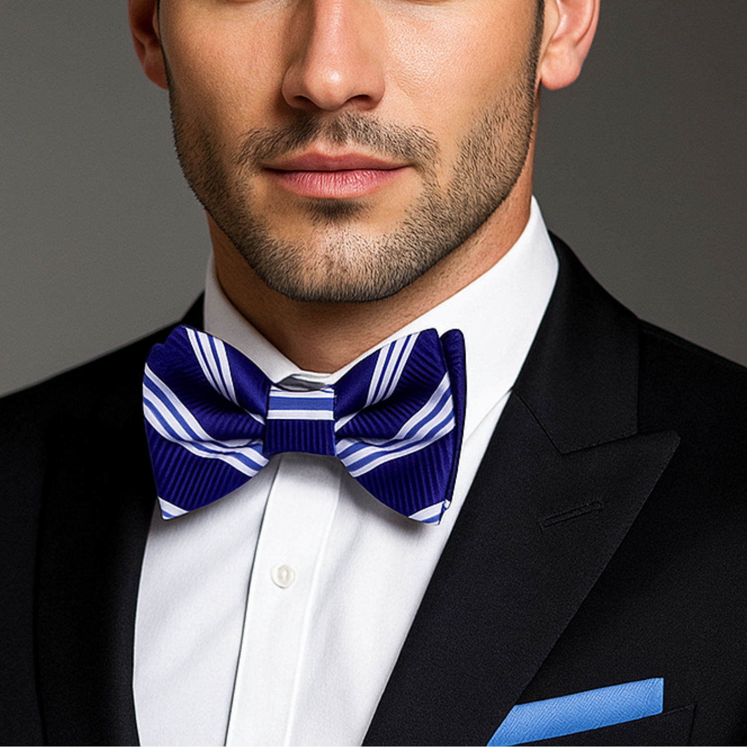 Man wearing a black suit with a white shirt and Blue, White Stripe Bow Tie and Blue Square||Blue