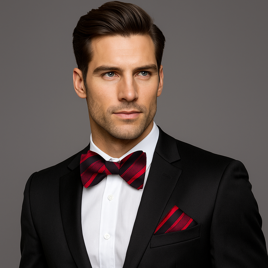 Red and black striped bow tie and pocket square  on man wearing suit