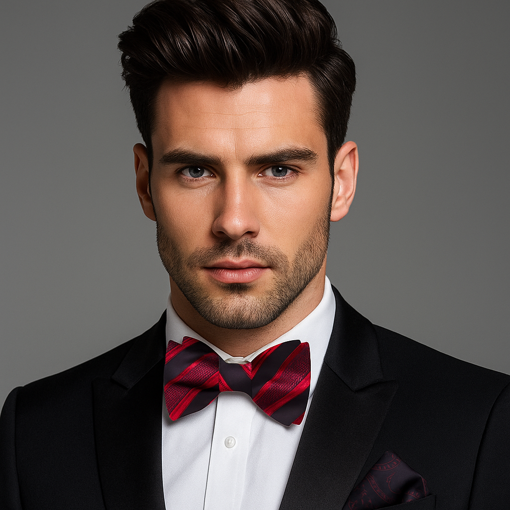 Red and black striped bow tie with accenting pocket square on man wearing suit