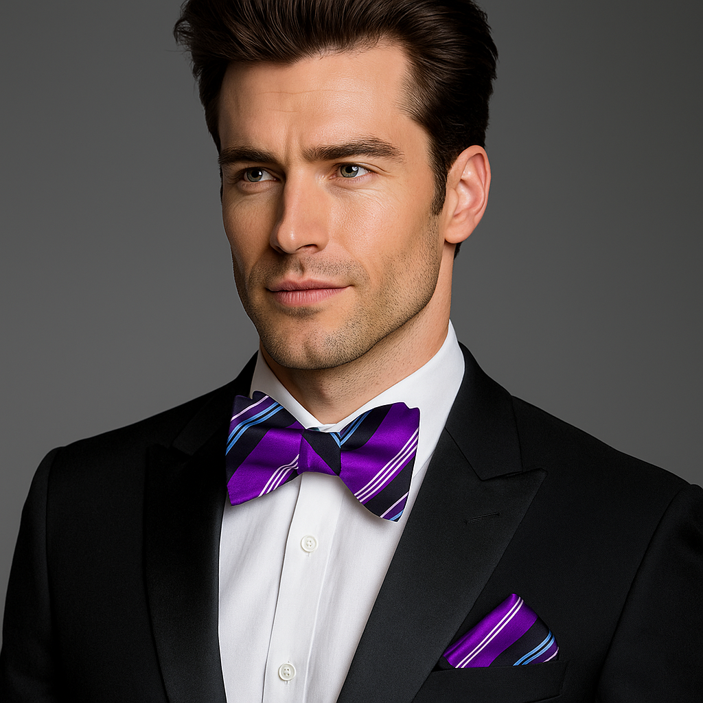 Man wearing a black suit with a purple bow tie and matching pocket square on a gray background