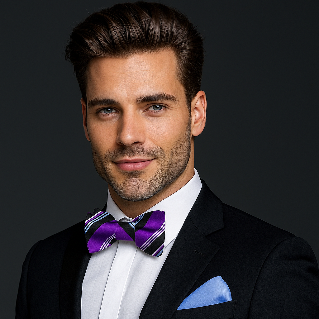 Man wearing a black suit with a purple bow tie and light blue square and white shirt on a dark background