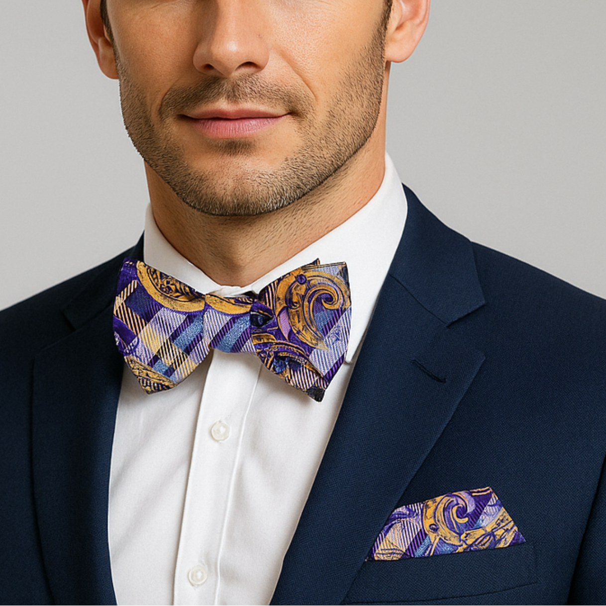 Man wearing a black suit with a colorful purple, blue and gold with a a paisley pattern bow tie and handkerchief against a gray background