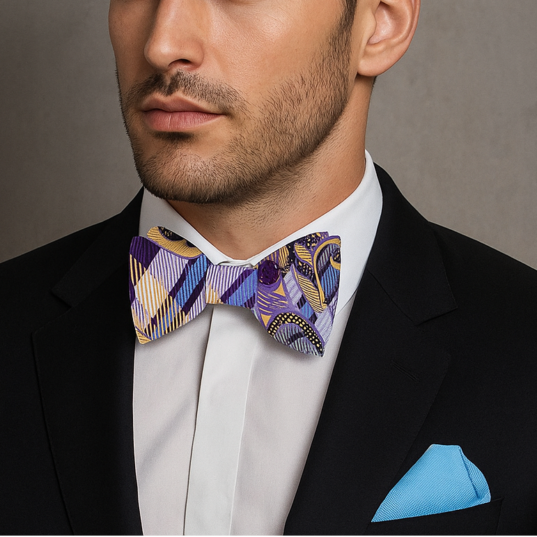 Man wearing a black suit with a colorful purple, blue and gold with a a paisley pattern bow tie and blue handkerchief against a gray background