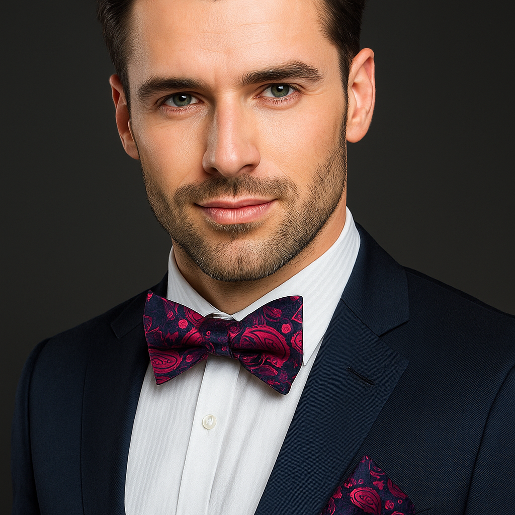 Man wearing a dark suit with a white shirt and a patterned blue and pink paisley bow tie against a dark background