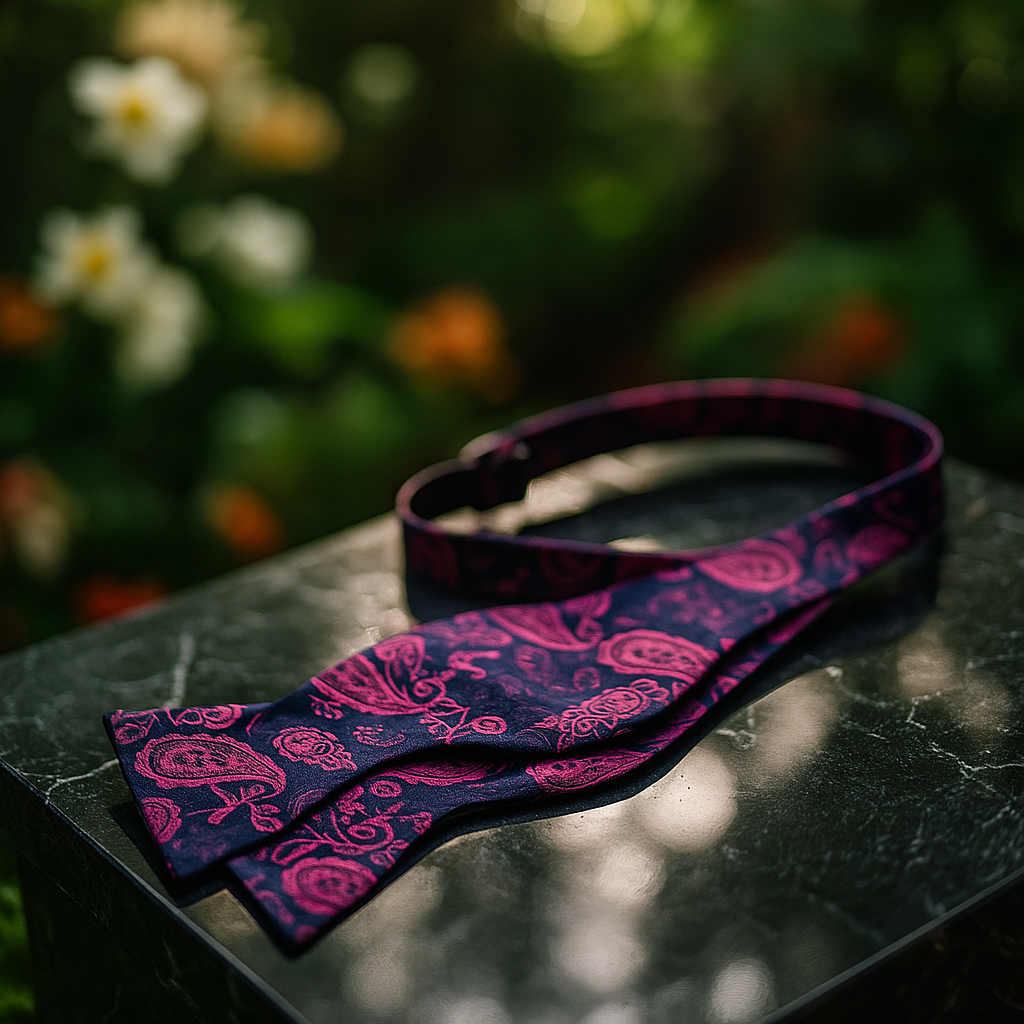 Purple paisley bow tie on a dark surface with flowers in the background