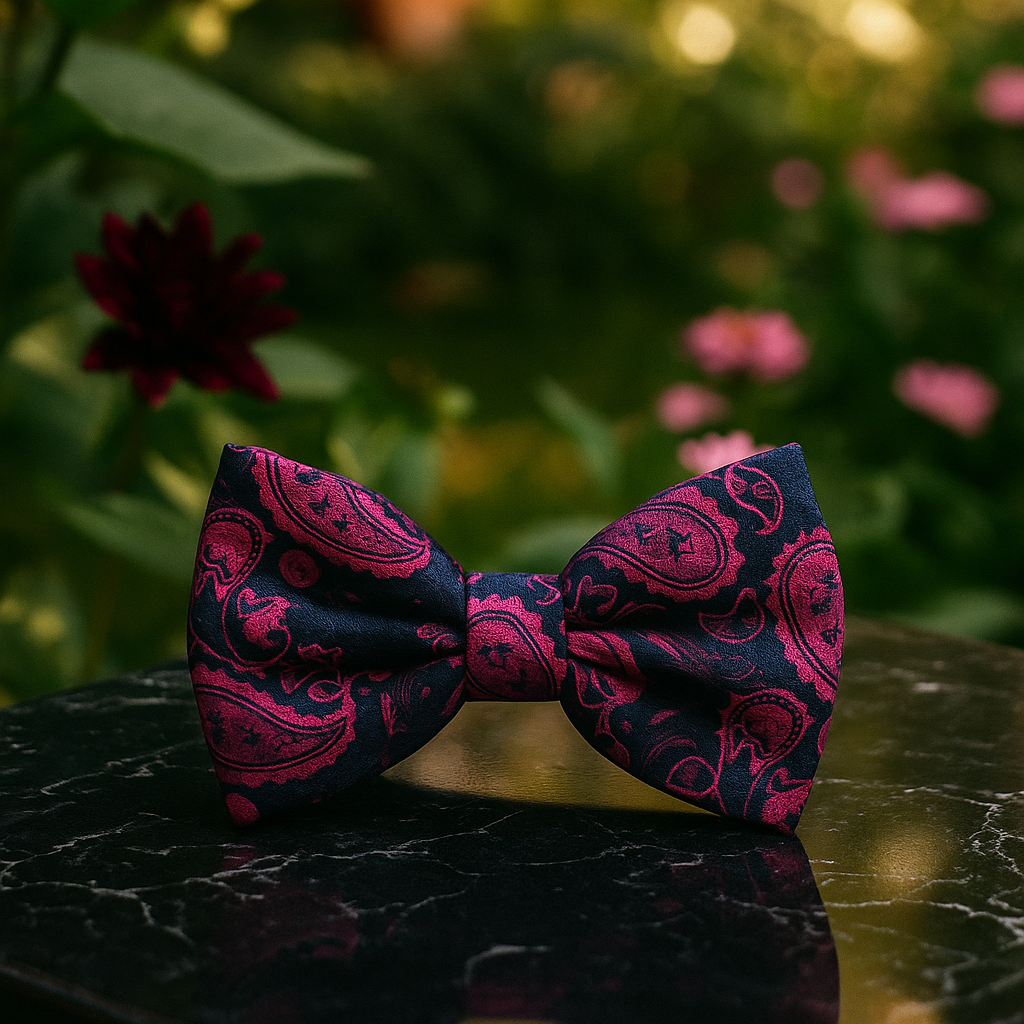 Pink and blue paisley bow tie on a dark surface with a blurred floral background