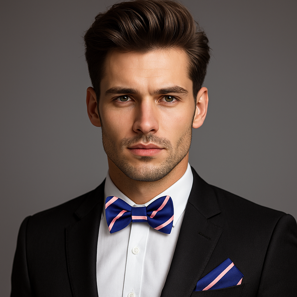 Man wearing a black suit with a Dark Blue with Salmon Stripes Bow Tie with Accenting Salmon and Pocket Square