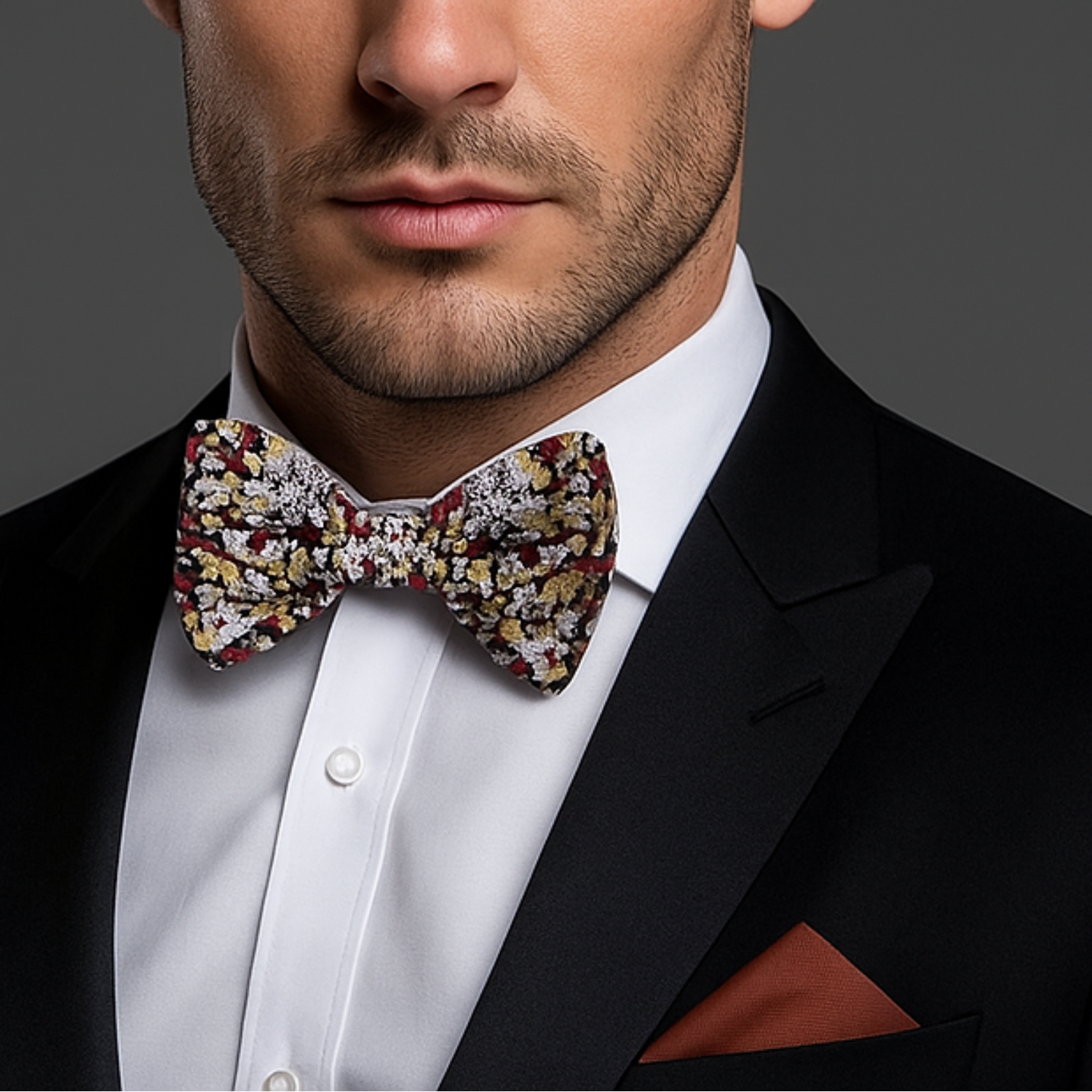 Man wearing a black suit with a Sepia Flowers Bow Tie and Brown Square