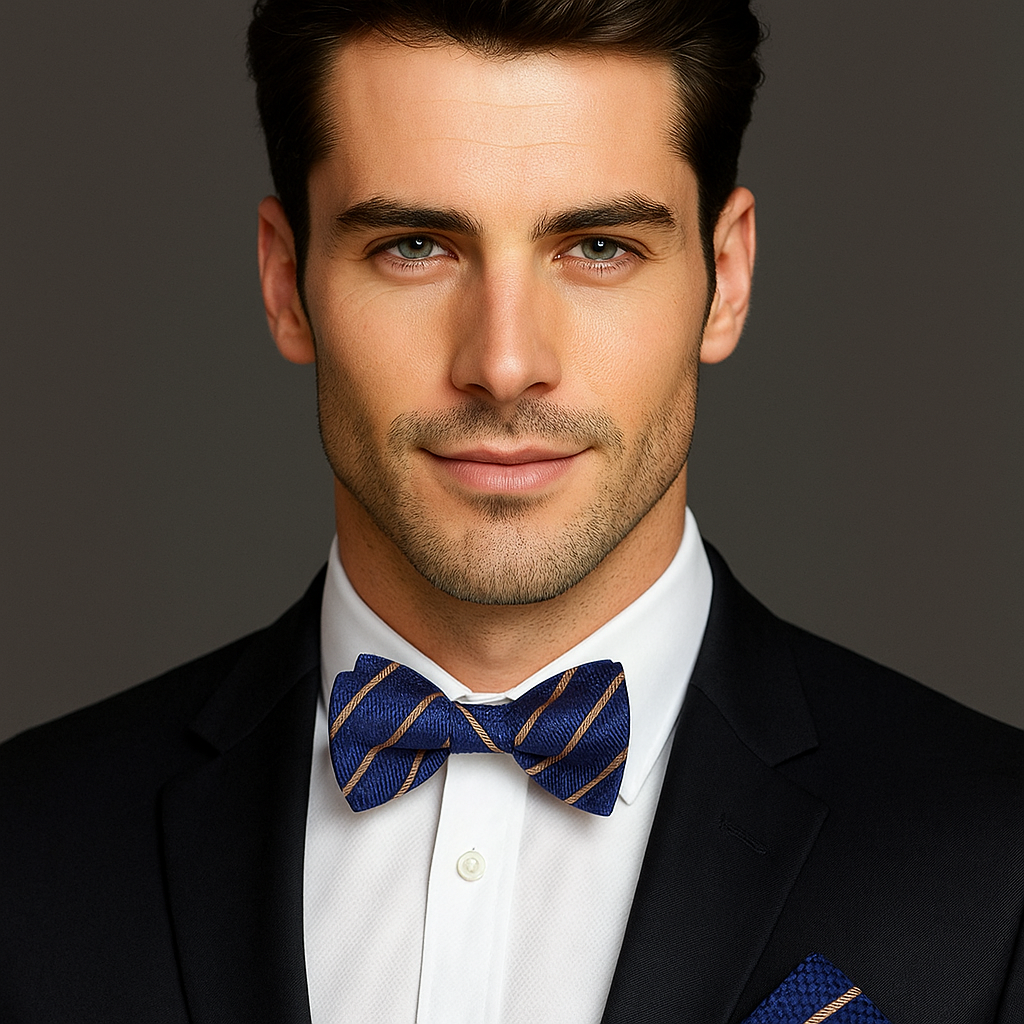 Man wearing a black suit with a white shirt and blue and brown pinstriped bow tie on a gray background