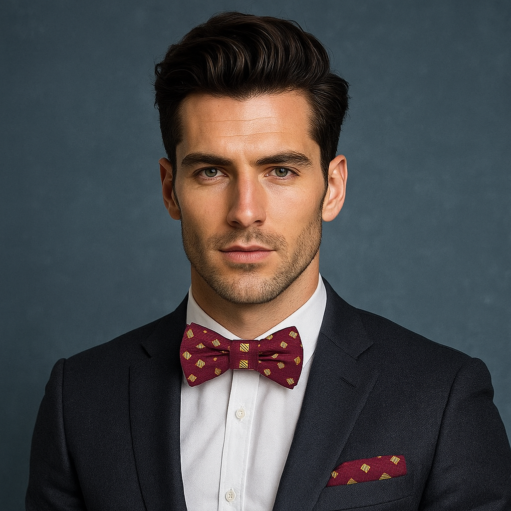 deep red with yellow gold squares bow tie and pocket square on man wearing suit