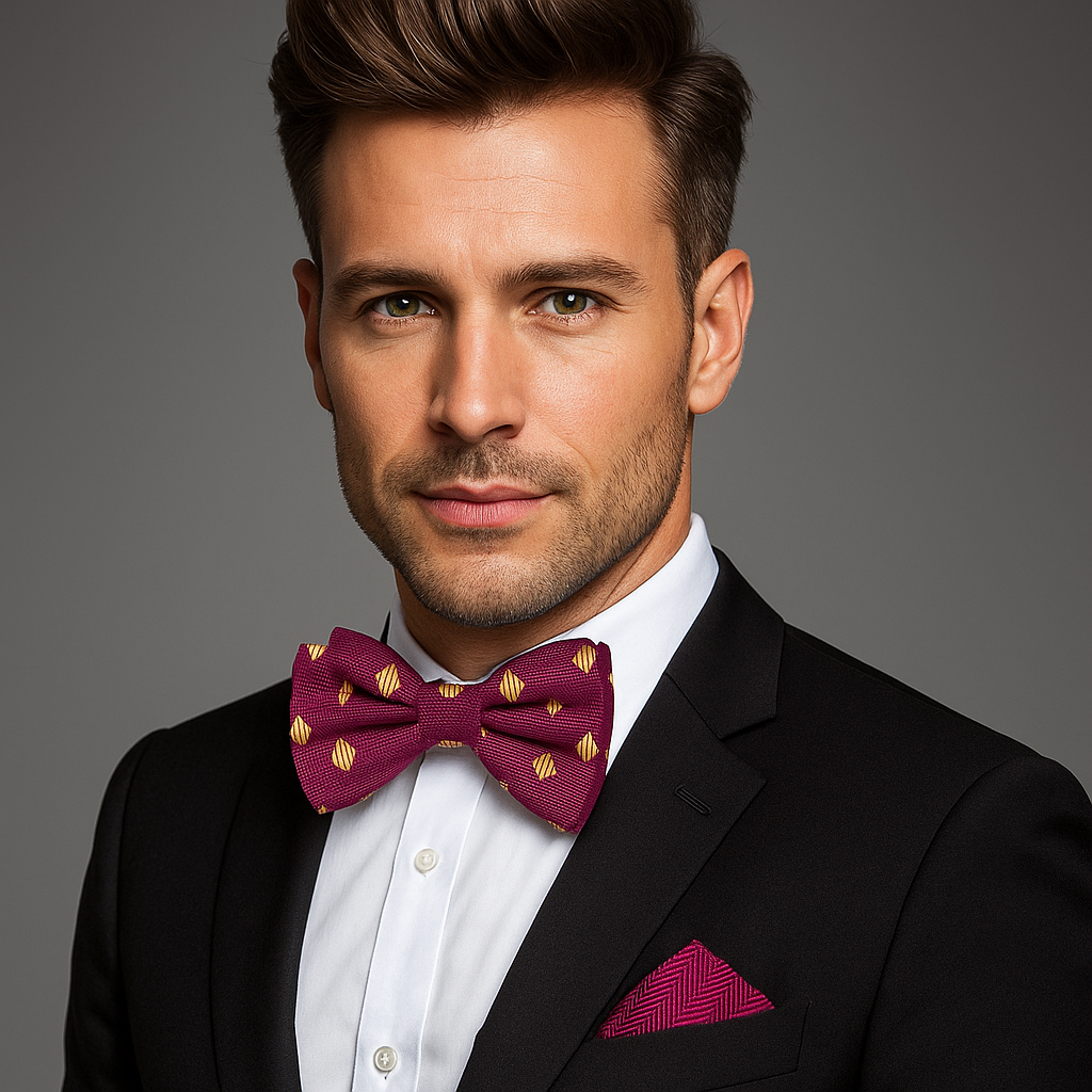 Man wearing a black suit with a deep red with yellow gold squares bow tie and rosewood pocket square on a gray background