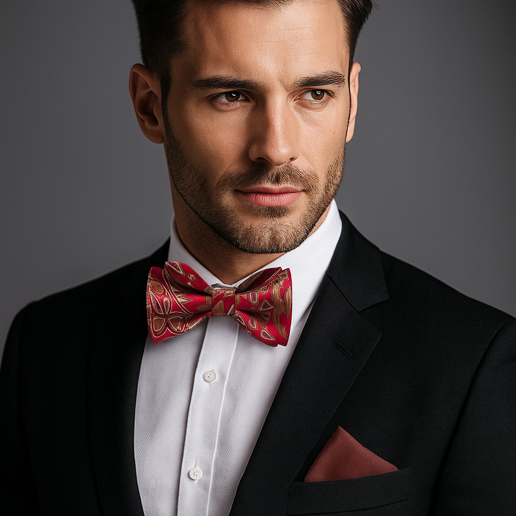 Man wearing a black suit with a red bow tie with brown square against a gray background