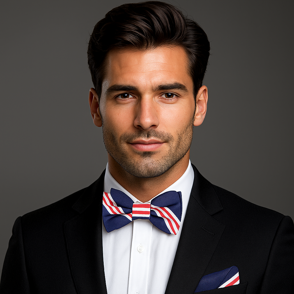 Man wearing a black suit with a Dark Blue White Red Stripe Double Play Bow Tie and Square