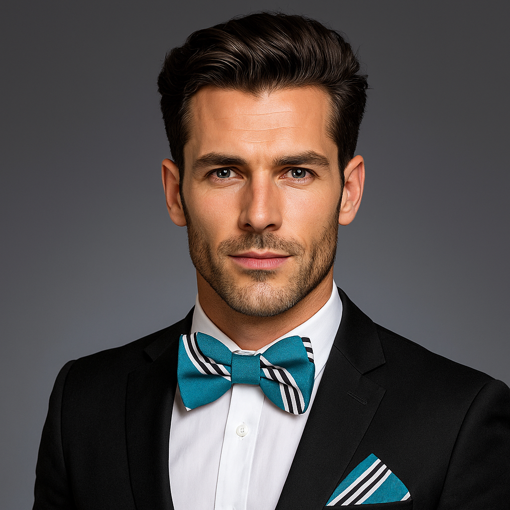 Man wearing a black suit with Teal White Black Stripe Bow Tie and Square