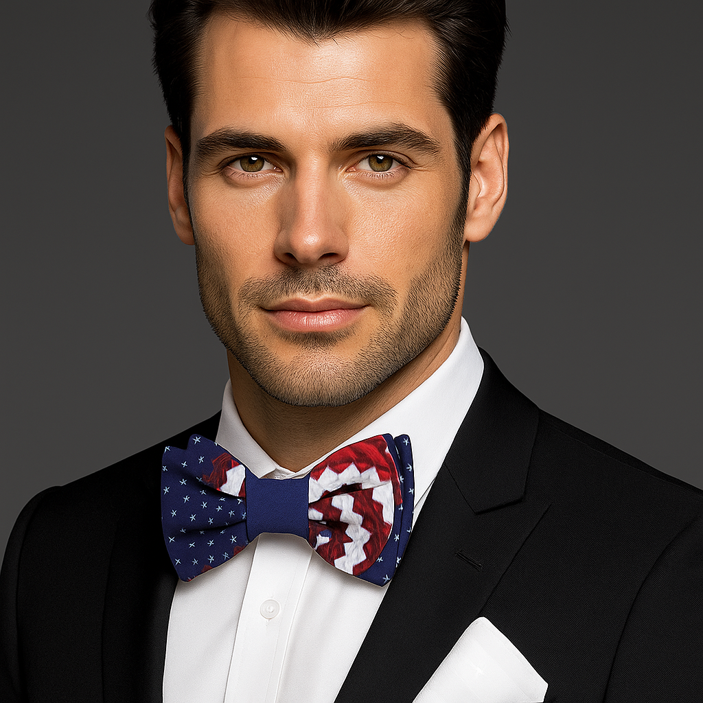 Man wearing a black suit with a Bow tie with American flag pattern and white pocket square