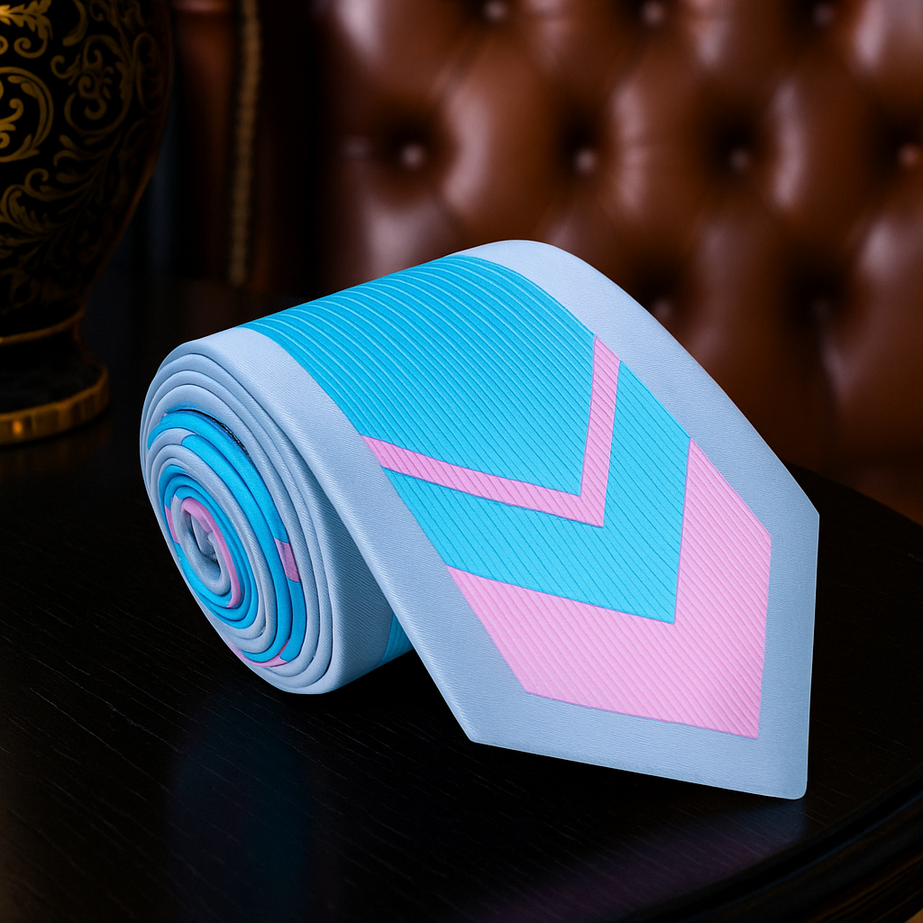 A Light Blue, Light Pink Geometric Abstract Pattern Necktie on a dark surface