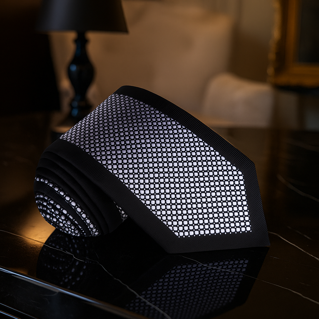 Silver, Black Textured Geometric Tie on a wooden surface with a blurred background