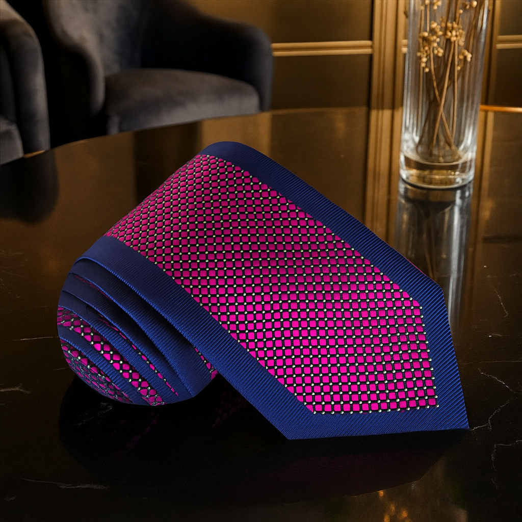 Red, Blue Textured Geometric Tie  on a dark surface with a blurred background