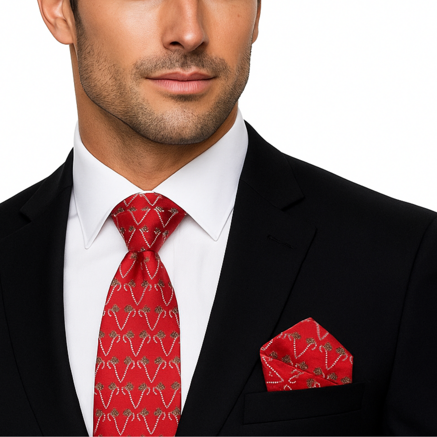 Man wearing a black suit with a Red, Green, White Candy Cane Necktie And Pocket Square