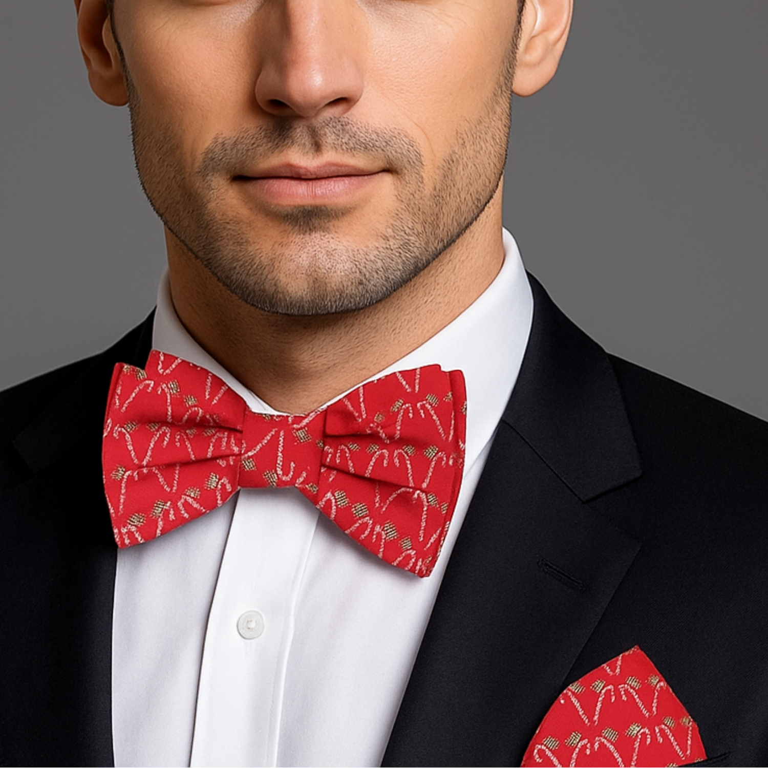 Man wearing Red, White and Green Candy Cane Bow Tie and Pocket Square