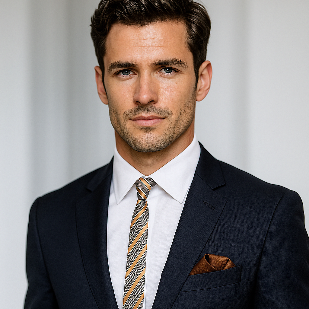 Brown and caramel stripe thin necktie and brown Square