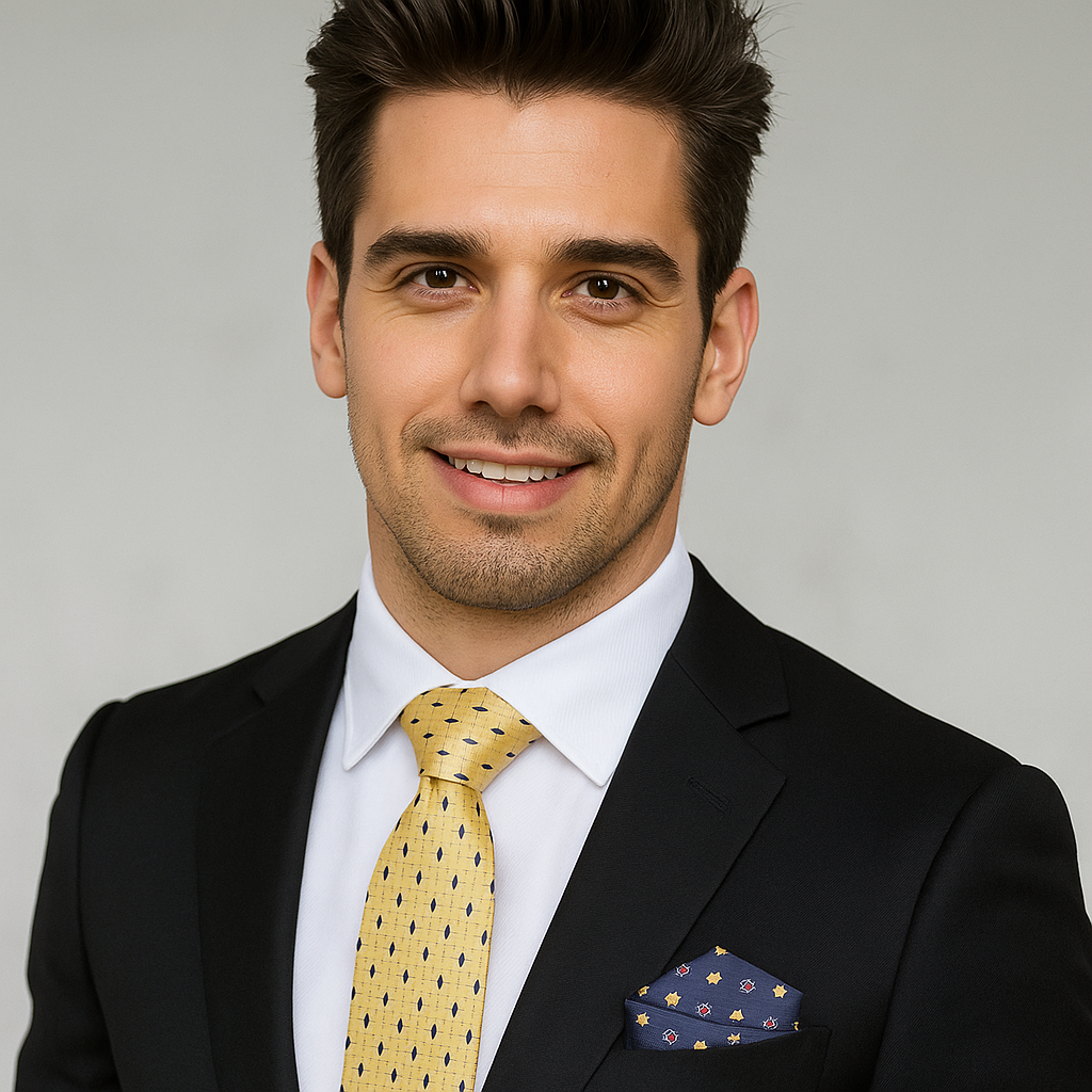 Man wearing a black suit with a Yellow and Blue Diamonds Necktie and Accenting Square 2