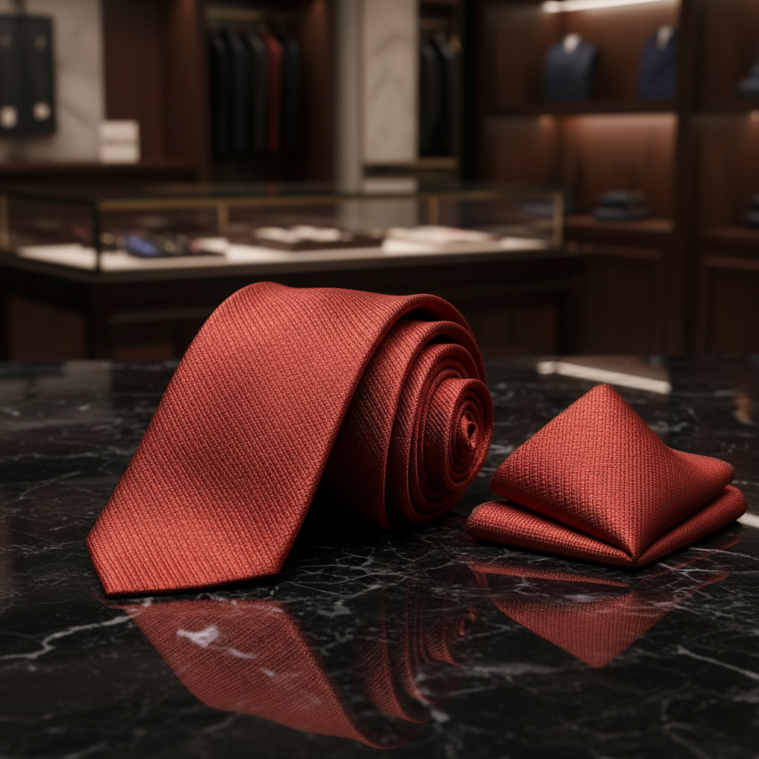 Red tie and pocket square with a black suit on a white background