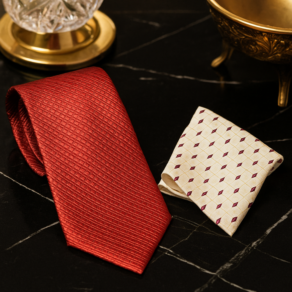 Red tie and patterned pocket square on a dark surface with decorative items.