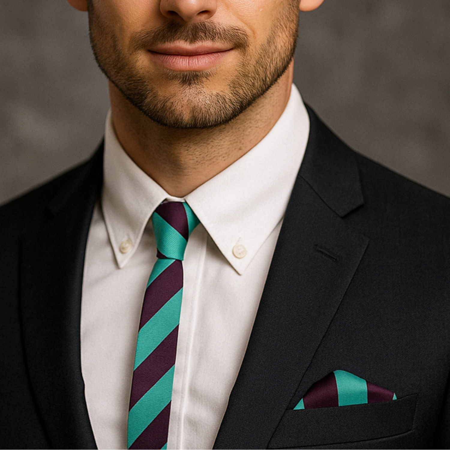 Man wearing a black suit with a white shirt and green and brown striped thin tie and square against a gray background