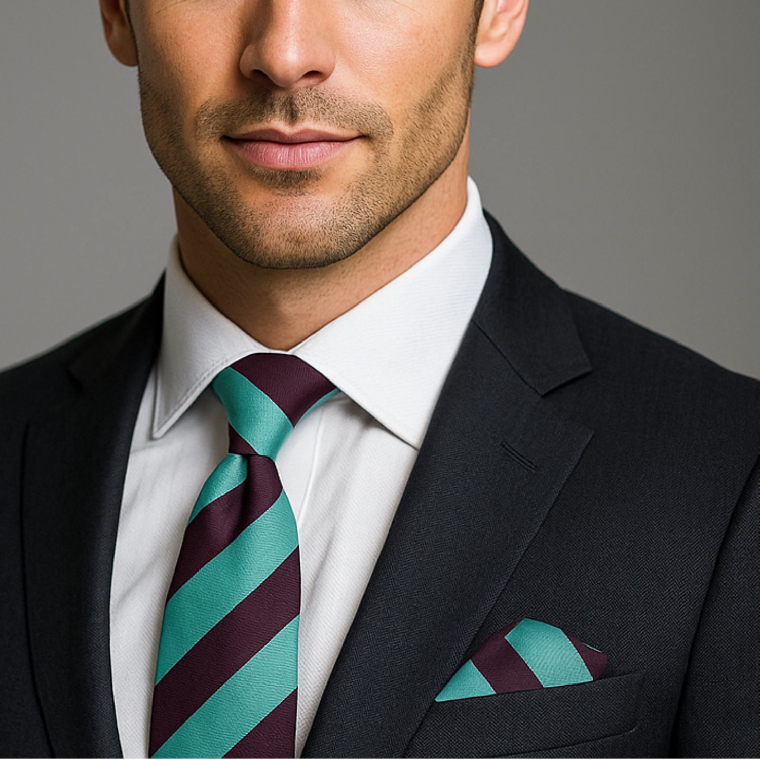 Man wearing a black suit with a brown and green striped thin tie and a square on a gray background