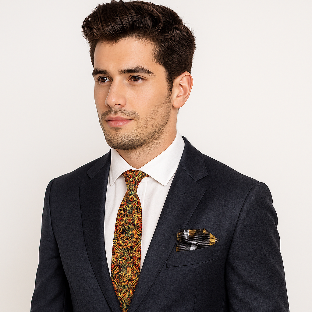 Man wearing a dark suit with a Black, Red, Orange, Yellow Abstract Necktie and Accenting Square on a light background
