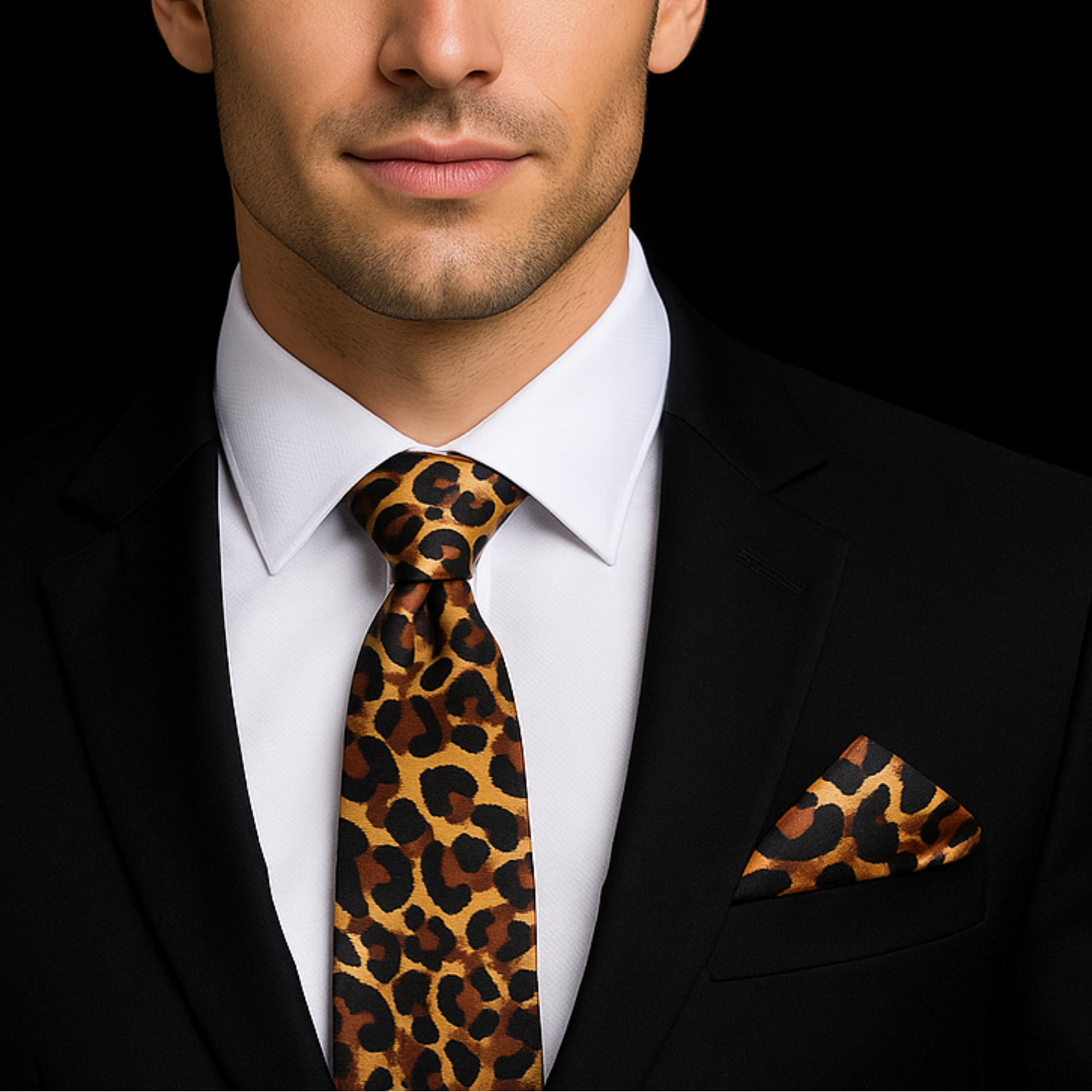 Man wearing a black suit with a leopard print tie and pocket square against a dark background