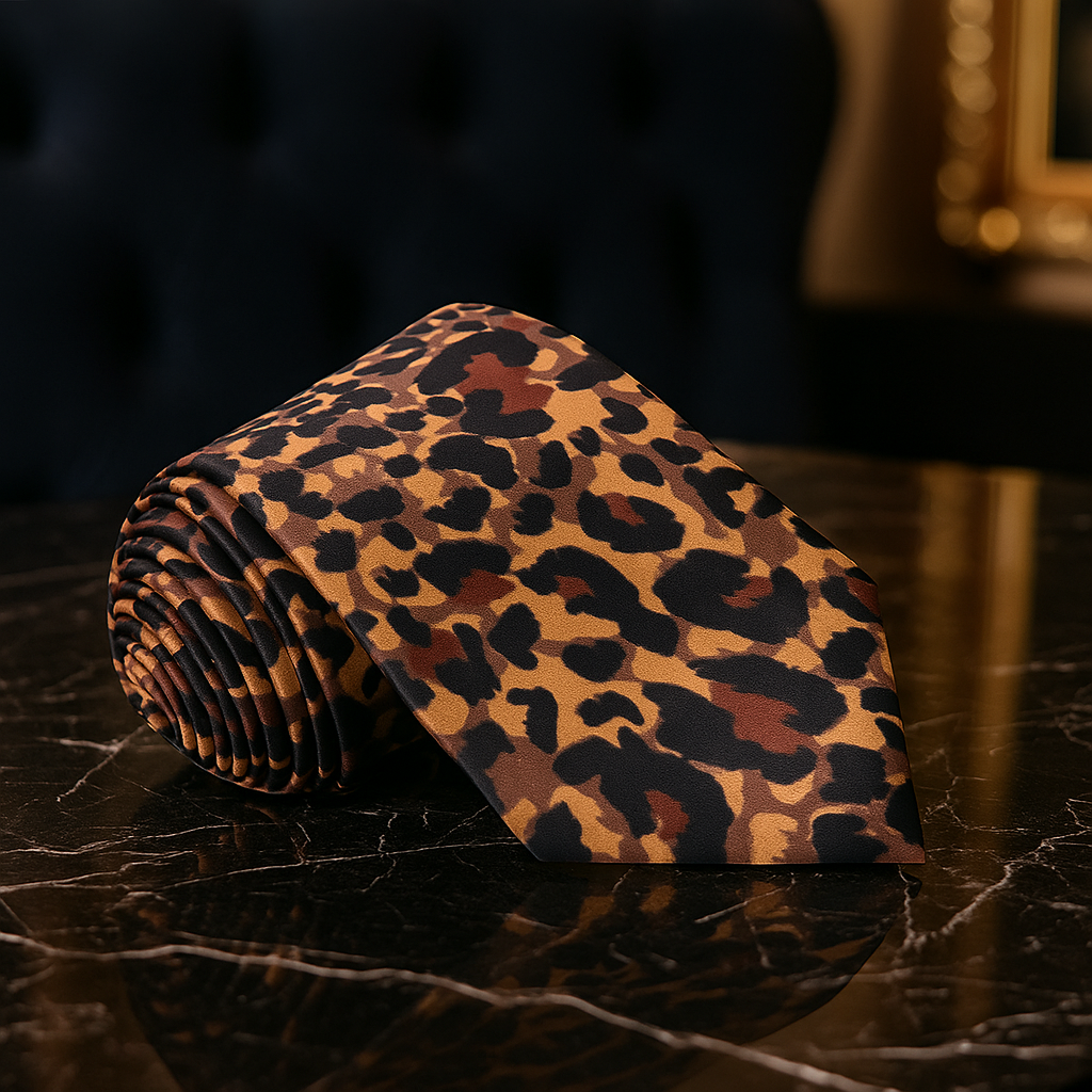 Roll of leopard print fabric on a dark surface